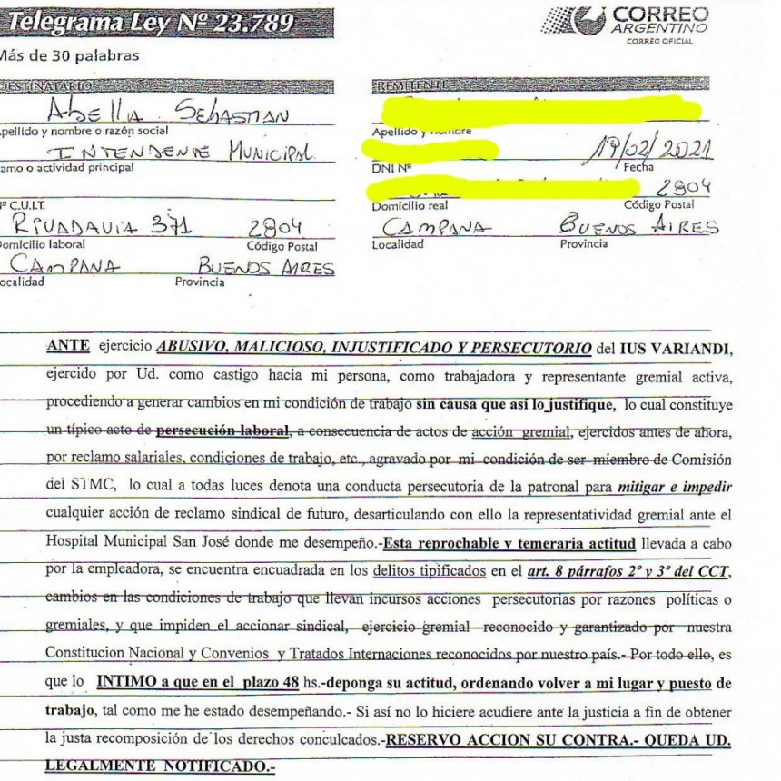 Persecución laboral y violación de la libertad sindical a miembros del Sindicato de Trabajadores Municipales