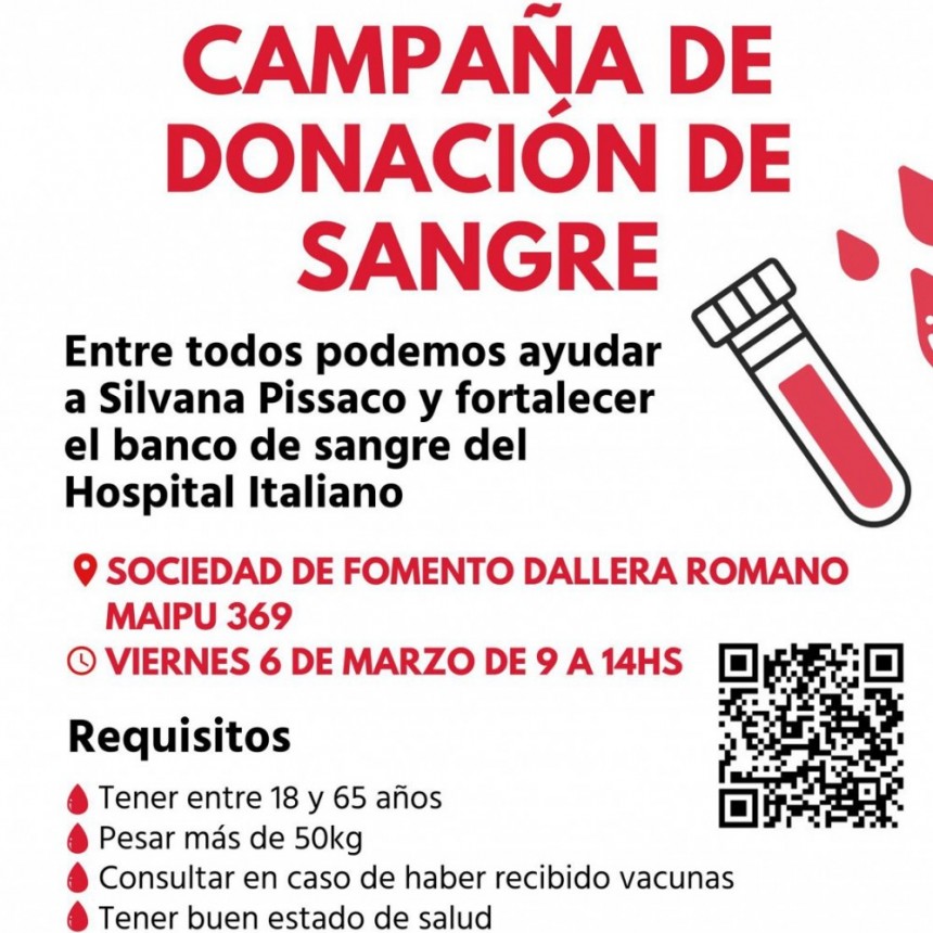 La sociedad de fomento de Dallera Romano lanza una campaña de donación de sangre