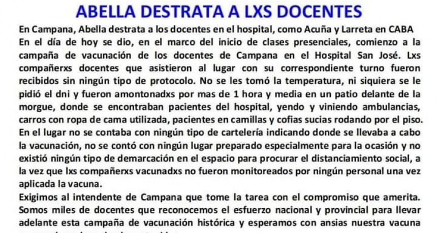 ANDREA VILLARREAL :  LA VACUNACION A LOS DOCENTES EN EL HOSPITAL SAN JOSE FUE UN CAOS