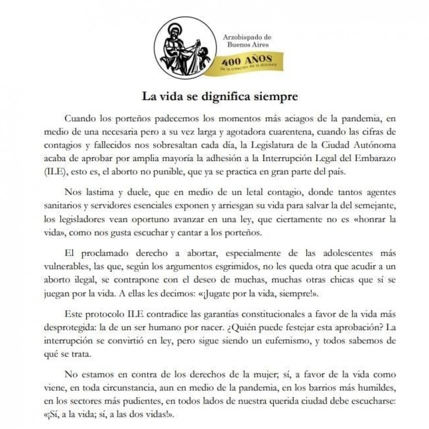 Comunicado de los Obispos de la Arquidiócesis de Buenos Aires La vida se dignifica siempre.