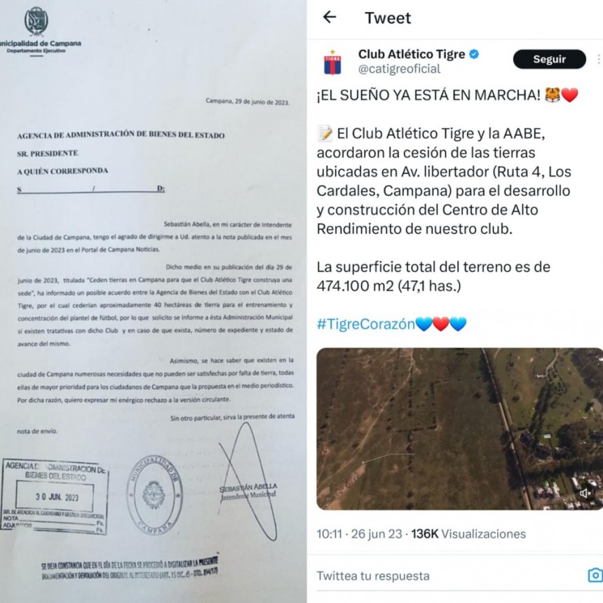 Abella le reclamó a la AABE que no le ceda tierras campanenses al Club Tigre