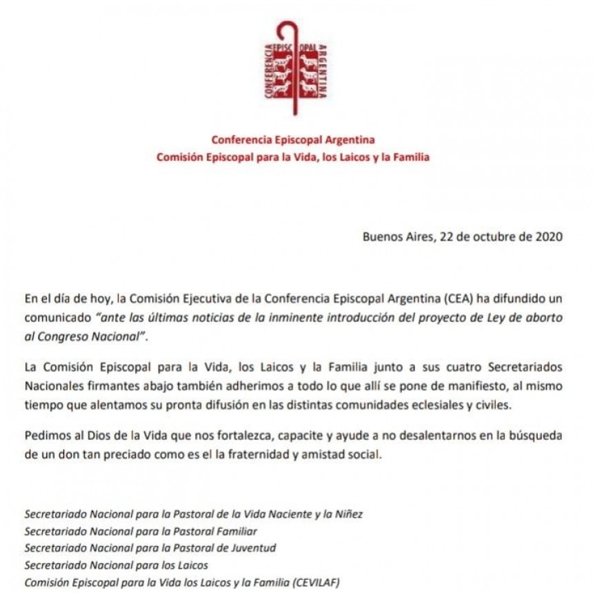 la Comisión Ejecutiva de la Conferencia Episcopal Argentina (CEA) ha difundido un comunicado 