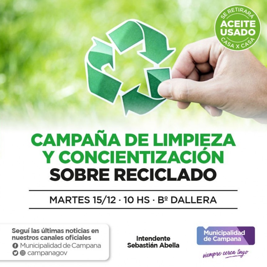 Se realizará una campaña de limpieza y concientización sobre reciclado en Dallera
