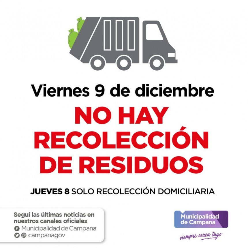 El viernes 9 no habrá recolección de residuos 