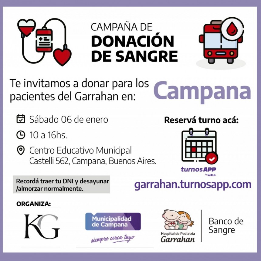 Se realizará una campaña de donación de sangre para el hospital Garrahan