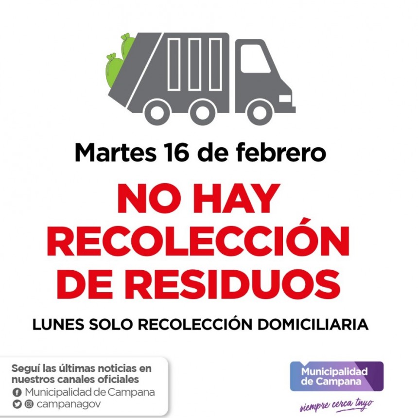 Informan el cronograma de recolecci&oacute;n de residuos durante el feriado de Carnaval 
