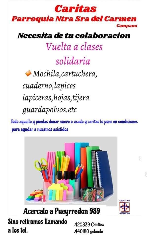CARITAS PARROQUIA NUESTRA SEÑORA DEL CARMEN INICIA SU CAMPAÑA VUELTA A CLASES