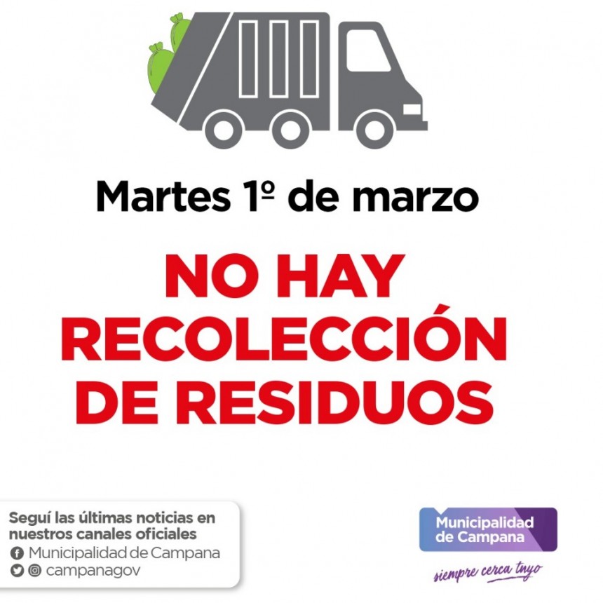 Por el feriado de Carnaval, el martes no habrá recolección de residuos
