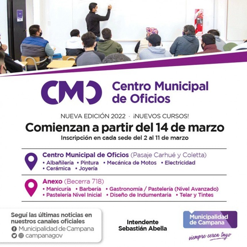 Mañana comienza la inscripción a los cursos del Centro Municipal de Oficios