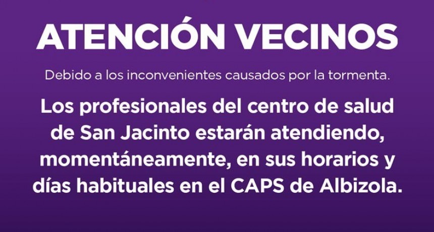 Los profesionales de la salud de San Jacinto atenderán en el CAPS de Albizola 