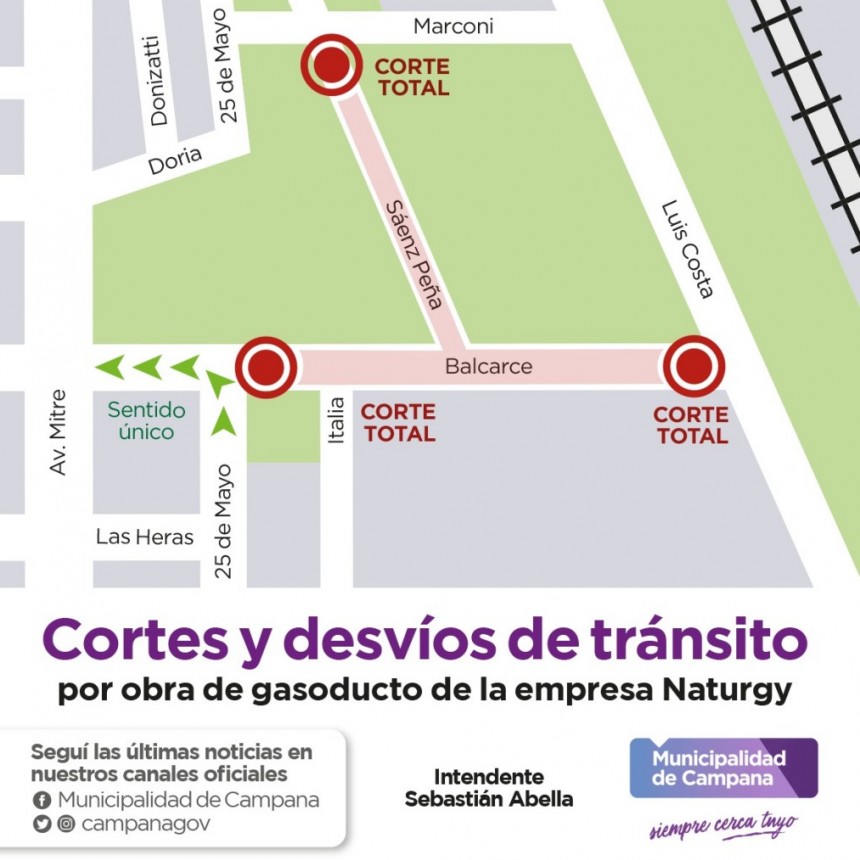   Por la obra del gasoducto, informan cortes y desvíos en la circulación vehicular