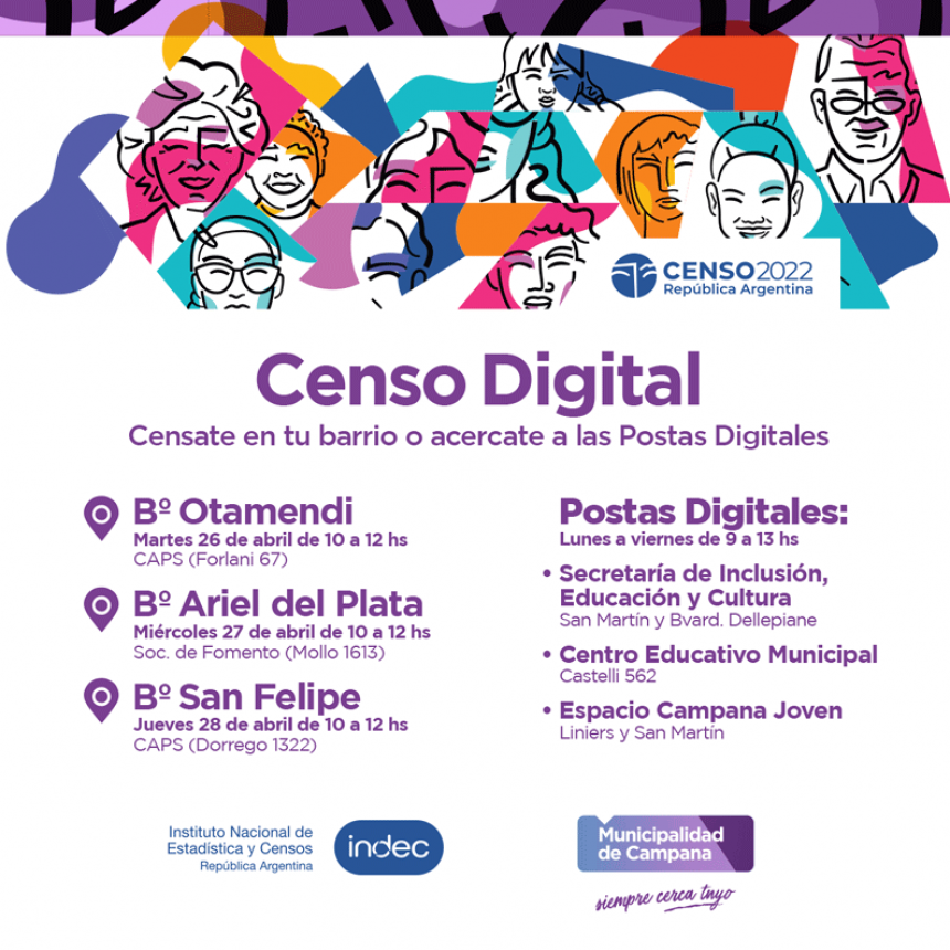 Censo 2022: el Municipio informa el cronograma de las postas digitales 