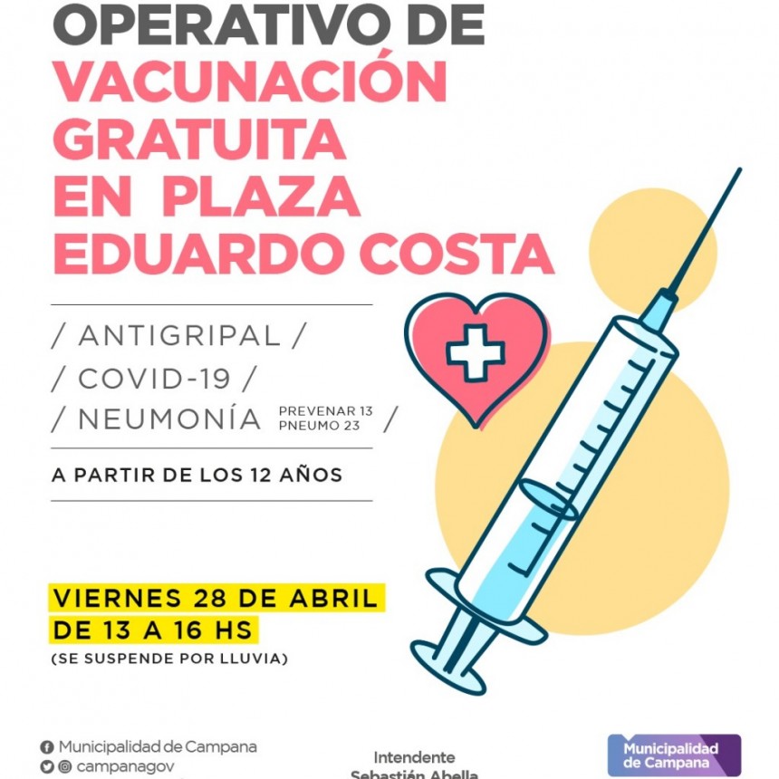 Este viernes habrá un nuevo operativo de vacunación en la Plaza Eduardo Costa