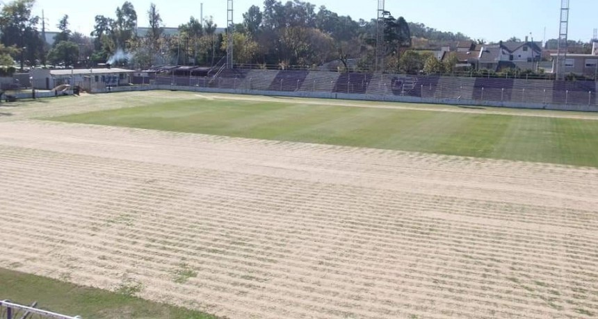 El campo de juego del Estadio de Villa Dálmine está siendo resembrado