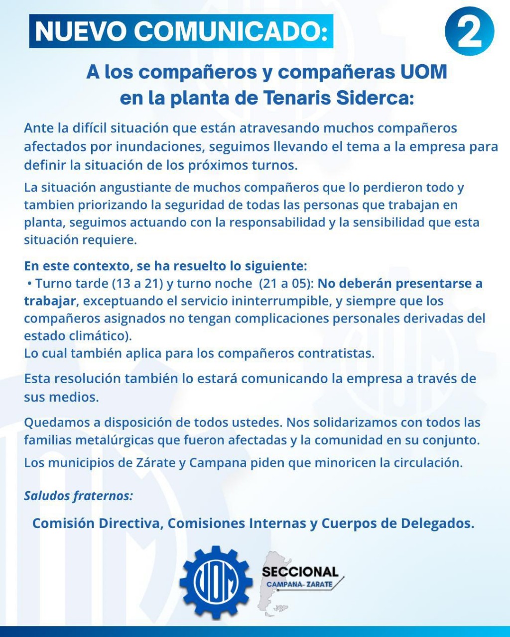 Comunicado de la U.O.M Seccional Campana-Zárate