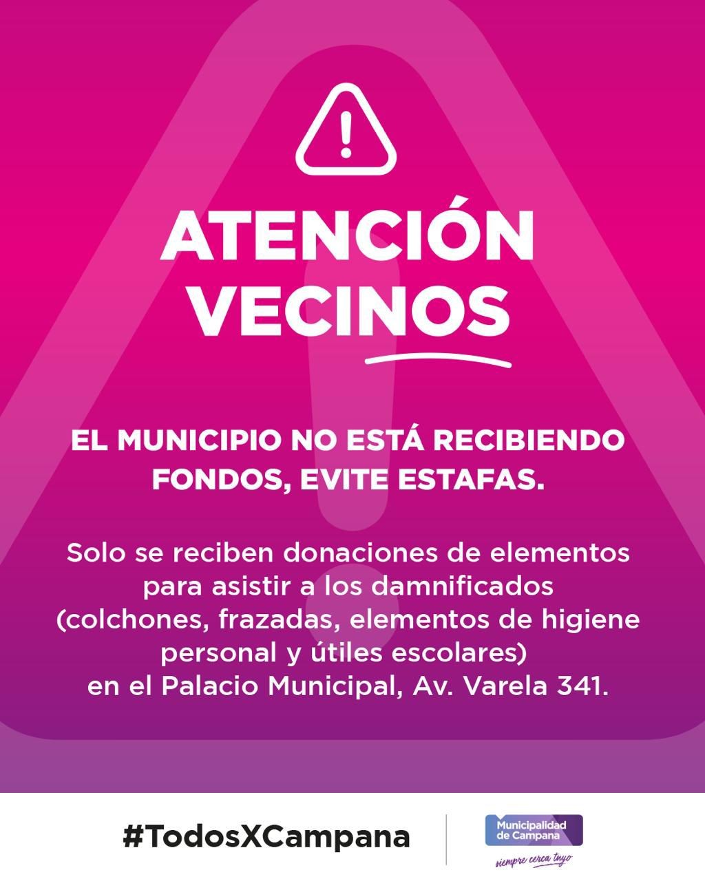 El Municipio informa que no solicita donaciones en efectivo