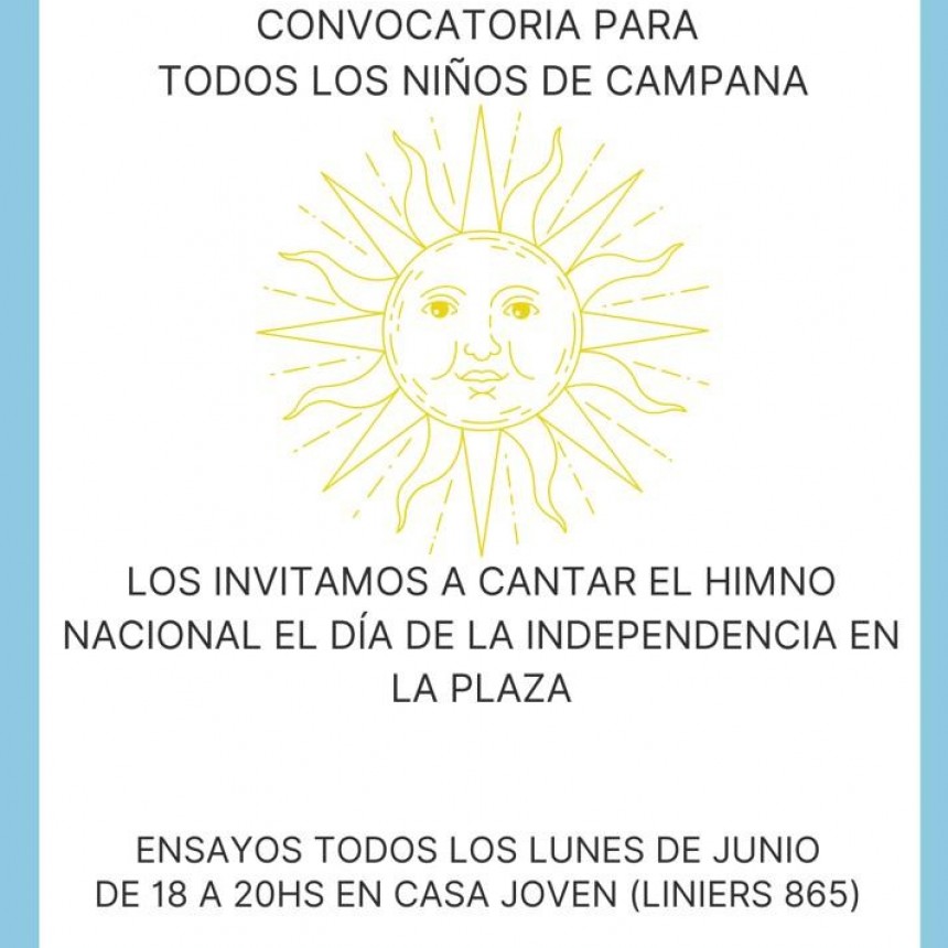 Convocan a niños a cantar el Himno Nacional en el acto del 9 de Julio