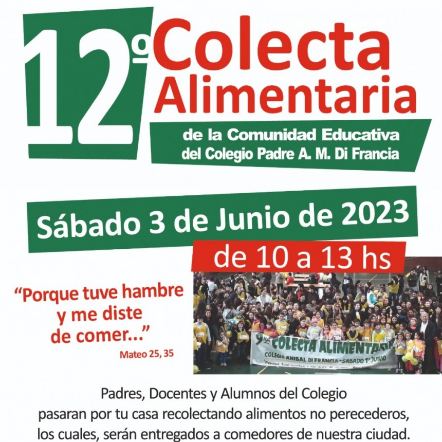 Este sábado se realizará la 12º Colecta Alimentaria del Colegio Aníbal Di Francia 