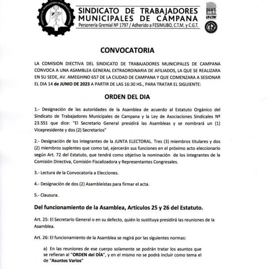 Convocatoria del Sindicato de Trabajadores Municipales