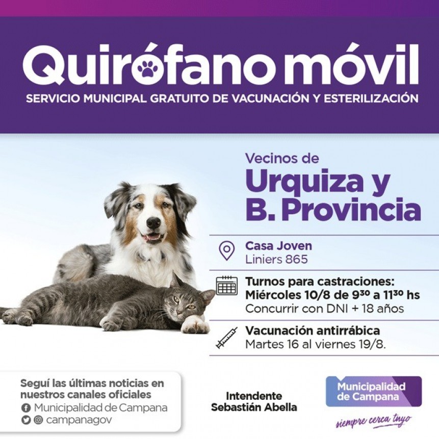 El quirófano móvil realizará castraciones en los barrios Urquiza y Banco Provincia