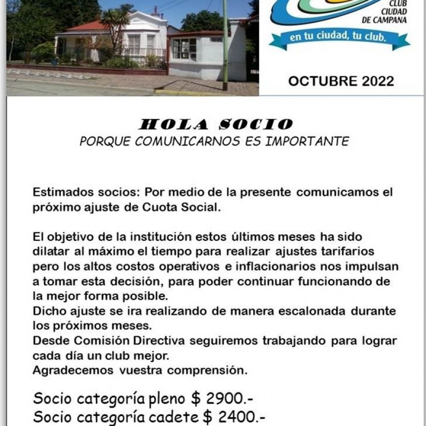 El Club Ciudad de Campana comunica el aumento de su cuota social