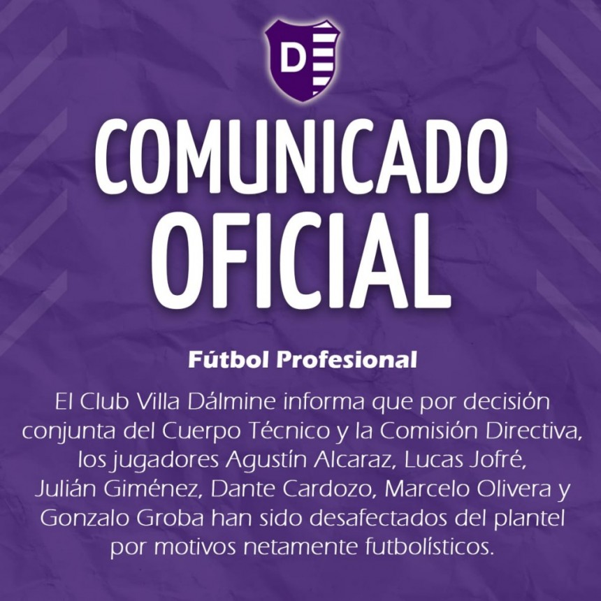 Villa Dálmine decidió dejar fuera del plantel seis jugadores