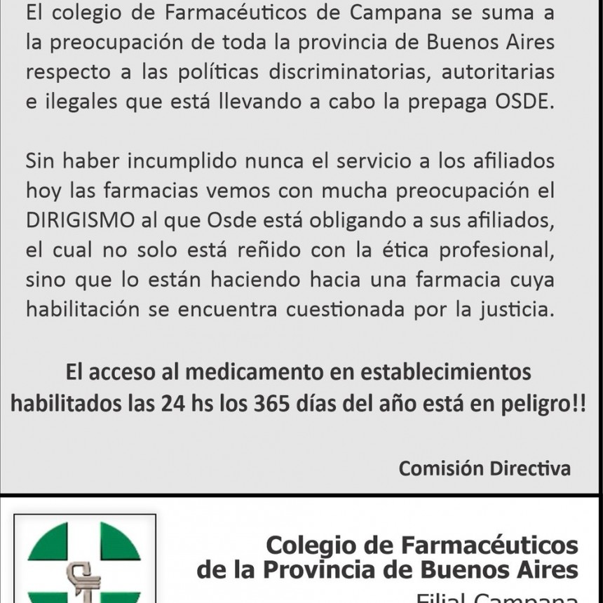 El Colegio de Farmac&eacute;uticos de Campana emiti&oacute; un comunicado