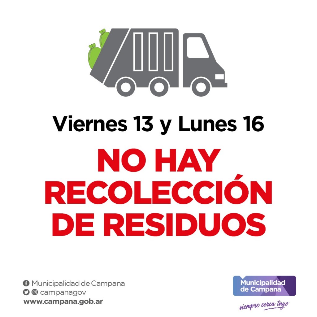 El viernes y el lunes no habrá recolección de residuos
