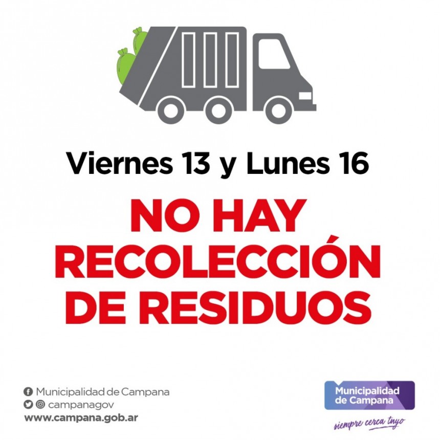 El viernes y el lunes no habrá recolección de residuos