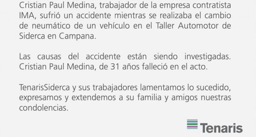 Comunicado de Tenaris por el fallecimiento de un operario