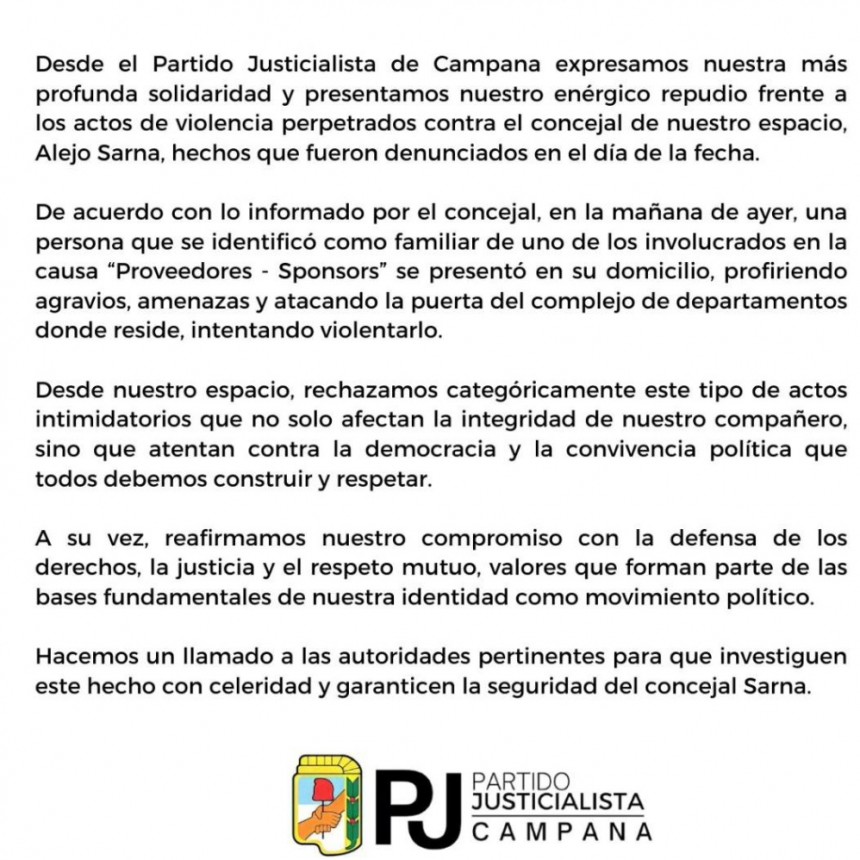 El  P.J emitió un comunicado por agresiones al concejal Sarna