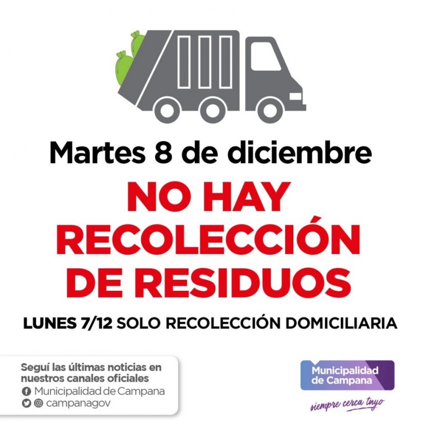 Cambios en la recolecci&oacute;n de residuos por los feriados del 7 y 8 de diciembre
