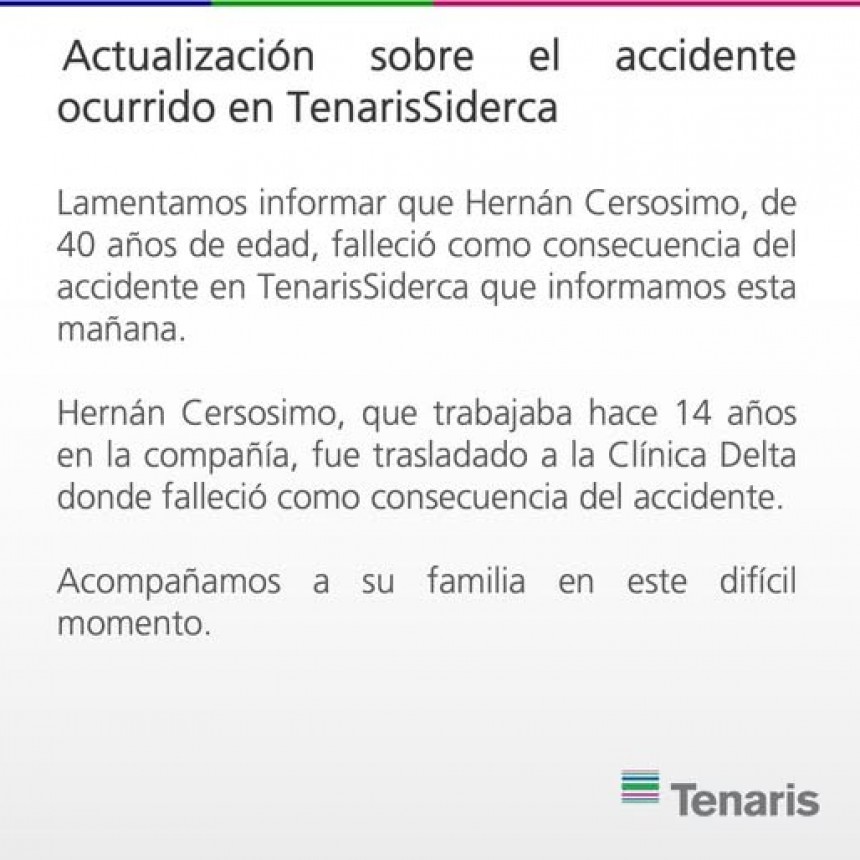 Comunicado de Tenaris sobre accidente producido