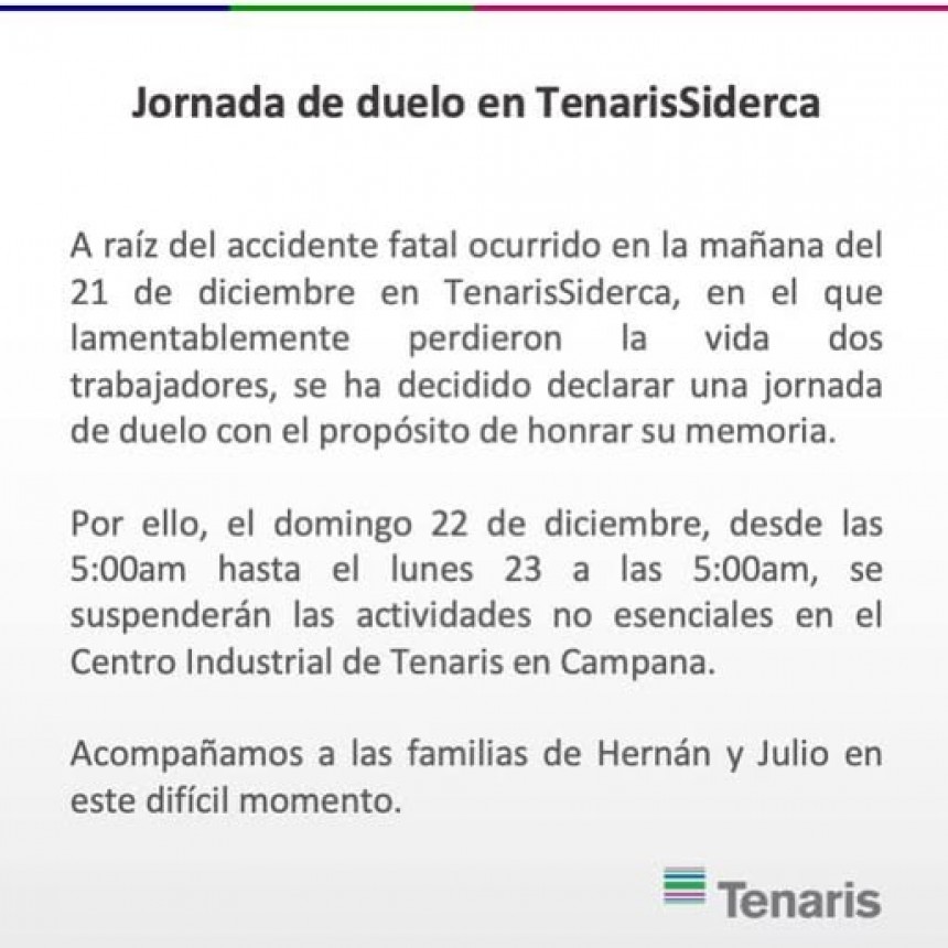 FALLECIÓ EL SEGUNDO TRABAJADOR QUE SE ACCIDENTÓ EN LA GOMERIA DE TENARIS